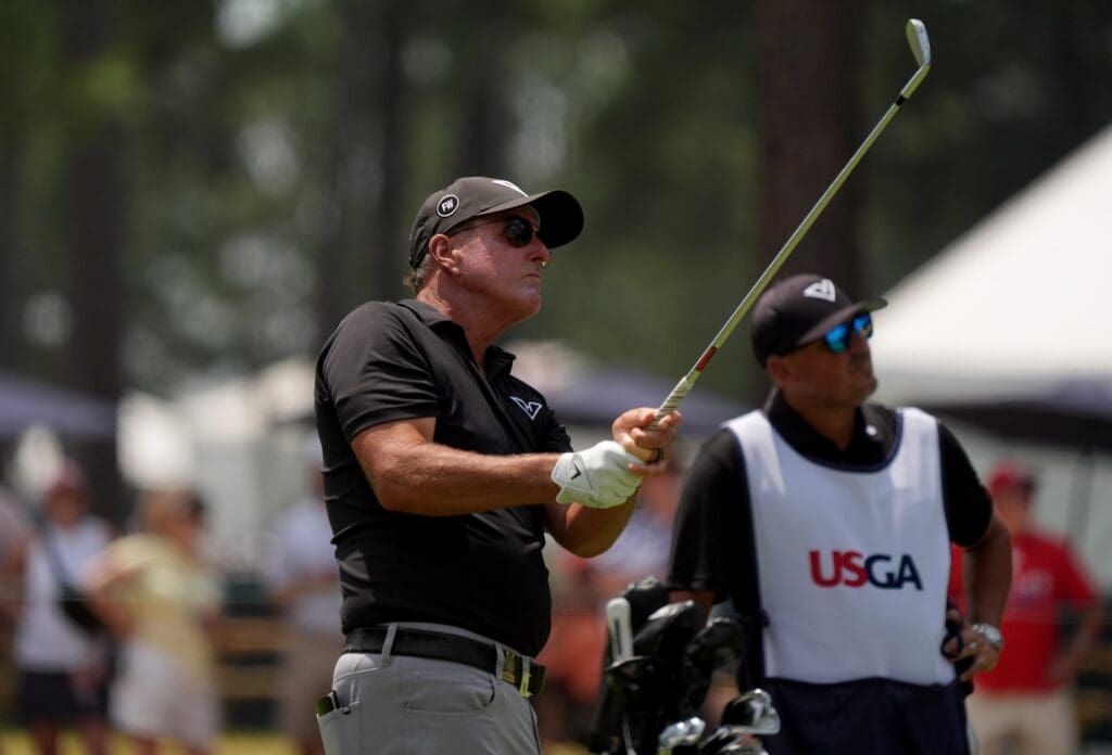 Jun 14, 2024; Pinehurst, North Carolina, USA; Phil Mickelson on the 12th hole during the second round of the U.S. Open golf tournament at Pinehurst No. 2.