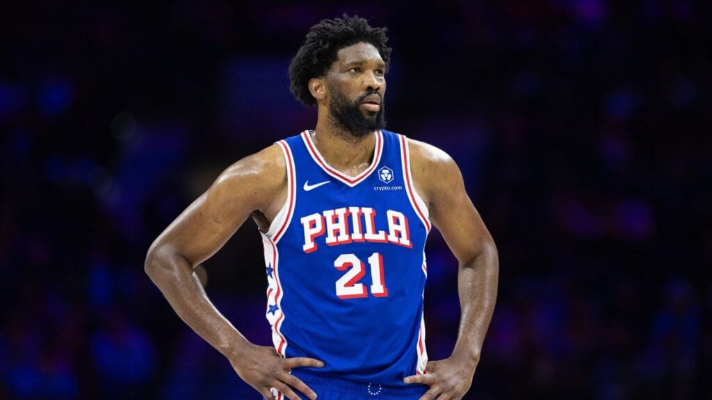 Feb 20, 2025; Philadelphia, Pennsylvania, USA; Philadelphia 76ers center Joel Embiid (21) looks on during the third quarter against the Boston Celtics at Wells Fargo Center