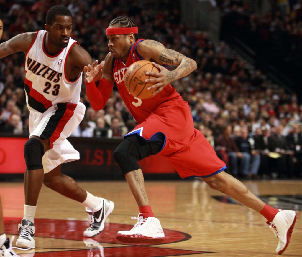 Dec 28, 2009; Portland, OR, USA; Philadelphia 76ers guard Allen Iverson (3) drives past Portland Trailblazers forward Martell Webster (23) at the Rose Garden.