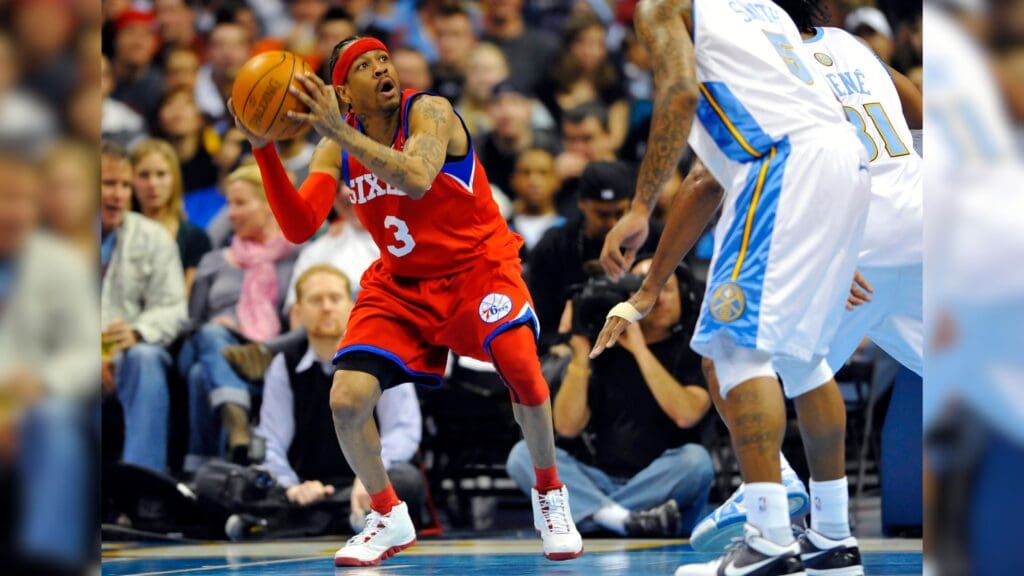 Jan 3, 2010; Denver, CO, USA; Philadelphia 76ers guard Allen Iverson (3) goes up for an attempt on the basket in the second period against the Denver Nuggets at the Pepsi Center.