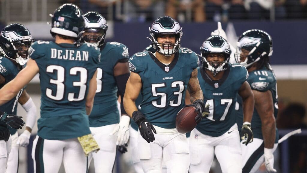 Nov 10, 2024; Arlington, Texas, USA; Philadelphia Eagles linebacker Zack Baun (53) reacts after recovering a fumble against the Dallas Cowboys in the third quarter at AT&T Stadium.