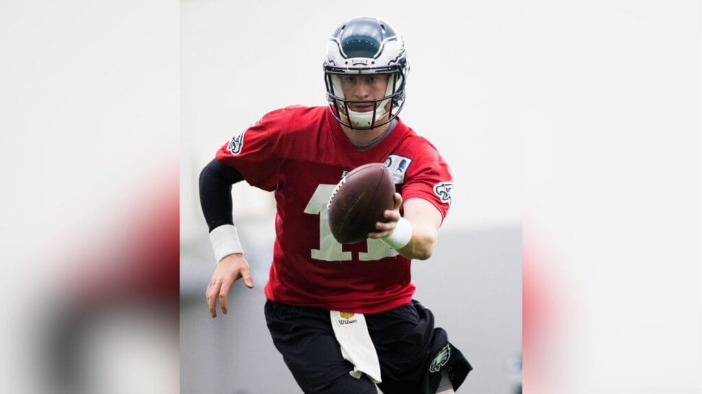 May 13, 2016; Philadelphia, PA, USA; Philadelphia Eagles quarterback Carson Wentz (11) runs drills during rookie minicamp at the NovaCare Complex.
