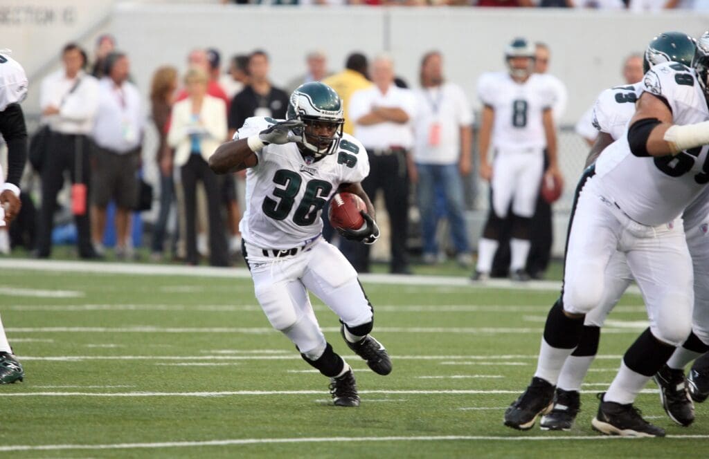 Aug 6, 2006; Canton, OH, USA; Philadelphia Eagles running back (36) Brian Westbrook runs against Oakland Raiders during the Pro Football Hall of Fame Game at Fawcett Stadium.