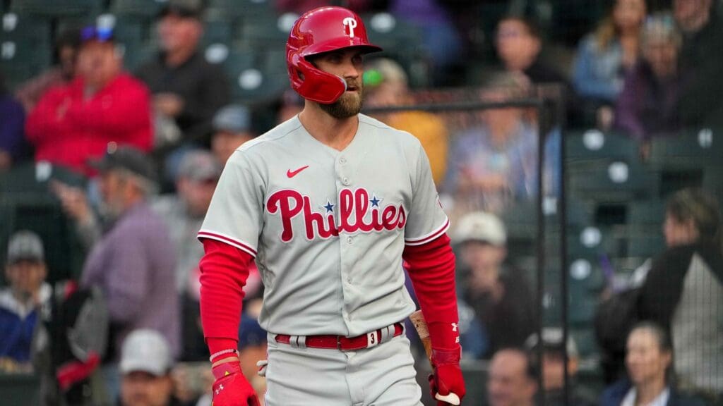 Apr 18, 2022; Denver, Colorado, USA; Philadelphia Phillies right fielder Bryce Harper (3) on deck in the first inning against the Colorado Rockies at Coors Field
