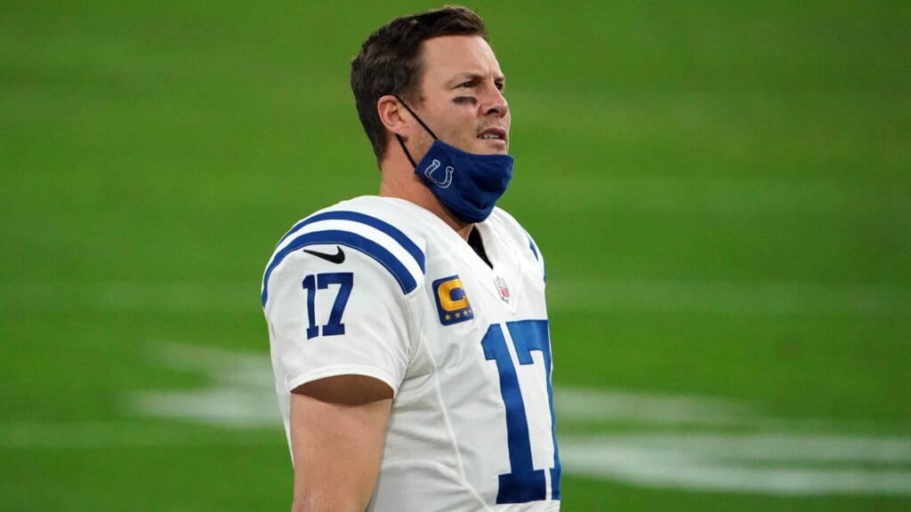 Dec 13, 2020; Paradise, Nevada, USA; Indianapolis Colts quarterback Philip Rivers (17) watches from the sidelines in the fourth quarter against the Las Vegas Raiders at Allegiant Stadium.