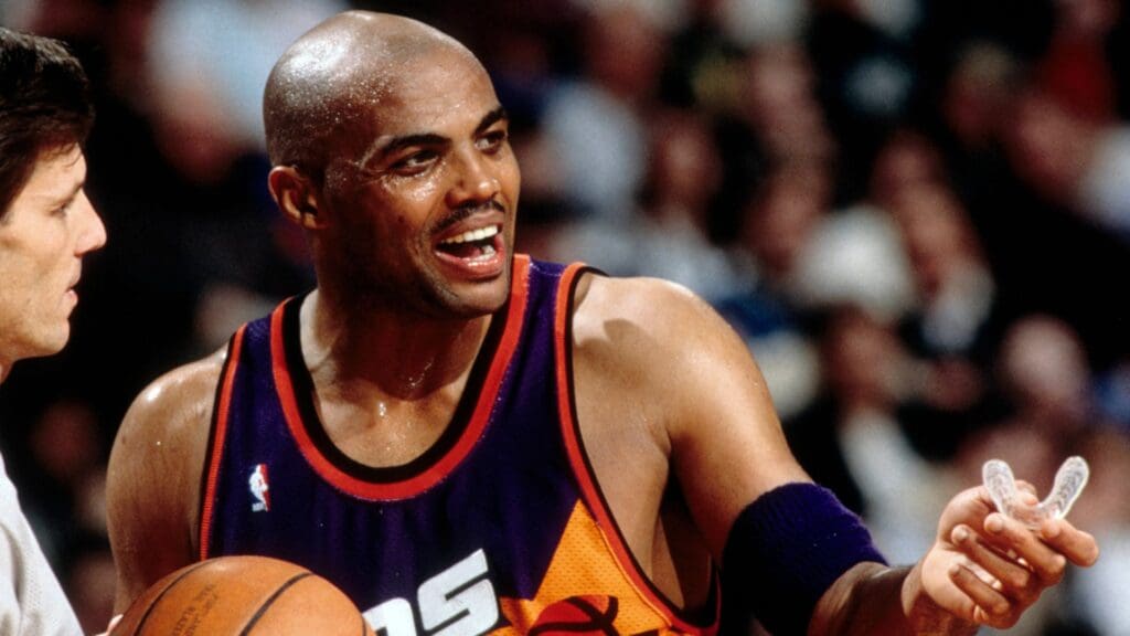 Unknown date 1995; Portland, OR, USA: FILE PHOTO; Phoenix Suns forward Charles Barkley (34) reacts against the Portland Trail Blazers at Memorial Coliseum