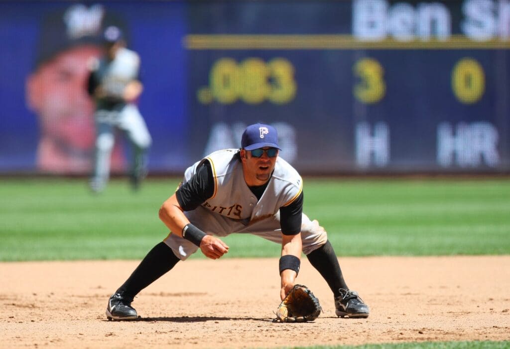 July 4, 2008; Milwaukee, WI, USA; Pittsburgh Pirates infielder Doug Mientkiewicz (16) plays third base during the game against the Milwaukee Brewers at Miller Park.