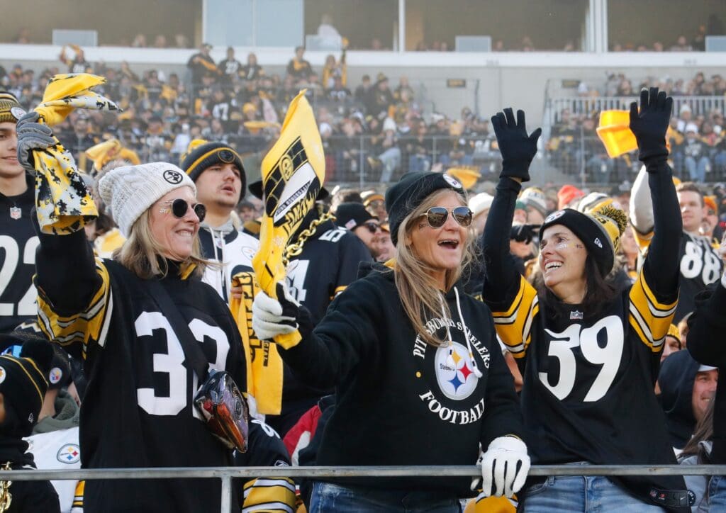 Dec 8, 2024; Pittsburgh, Pennsylvania, USA; Pittsburgh Steelers fans cheer the team against the Cleveland Browns during the first quarter at Acrisure Stadium.