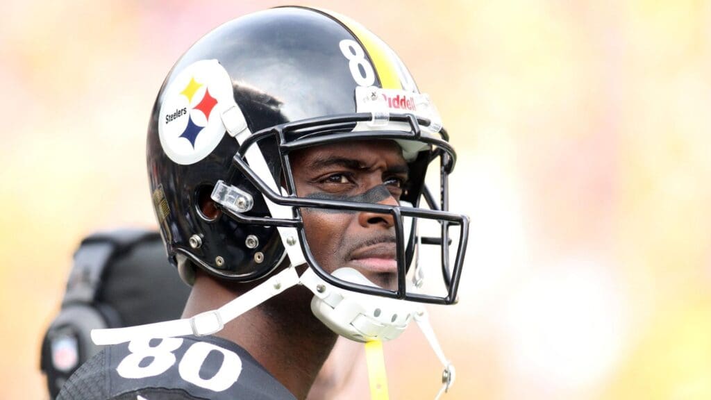 December 9, 2012; Pittsburgh, PA, USA; Pittsburgh Steelers wide receiver Plaxico Burress (80) looks on from the sidelines against the San Diego Chargers during the second quarter at Heinz Field.