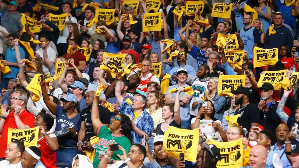 Apr 18, 2025; Memphis, Tennessee, USA; Memphis Grizzlies fans cheer during player introduction prior to the game against the Dallas Mavericks at FedExForum.