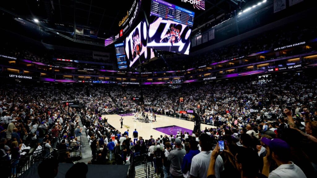 Apr 16, 2025; Sacramento, California, USA; A general view of Golden 1 Center during tip off between the Dallas Mavericks and the Sacramento Kings.