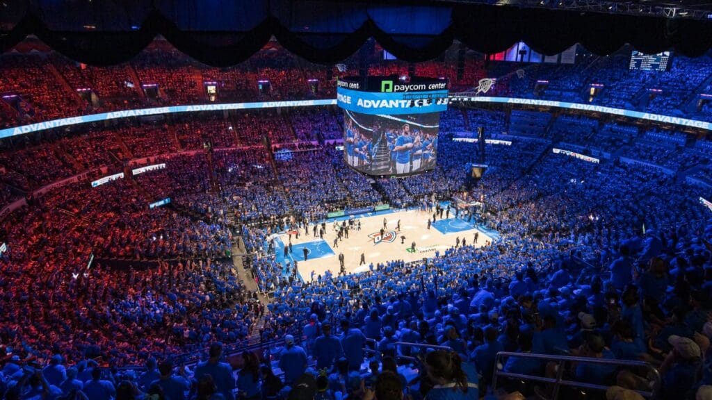 May 22, 2025; Oklahoma City, Oklahoma, USA; Paycom Center in the third quarter during game two of the western conference finals for the 2025 NBA Playoffs between the Minnesota Timberwolves and Oklahoma City Thunder.