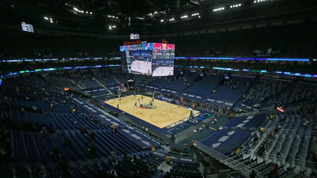 Dec 18, 2020; New Orleans, Louisiana, USA; General view of the Smoothie King Center in the first quarter during the game between the New Orleans Pelicans and the Milwaukee Bucks.