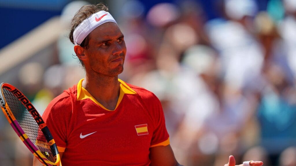Jul 29, 2024; Paris, France; Rafael Nadal (ESP) plays against Novak Djokovic (SRB) in the men’s tennis sinlges first round during the Paris 2024 Olympic Summer Games at Stade Roland Garros