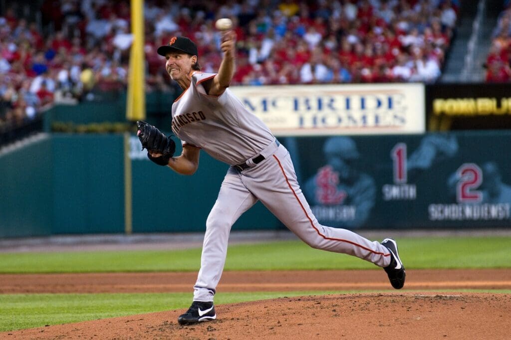 June 30, 2009; St, Louis, MO, USA; San Francisco Giants starting pitcher Randy Johnson (51) delivers a pitch to a St. Louis Cardinals batter in the first inning at Busch Stadium.