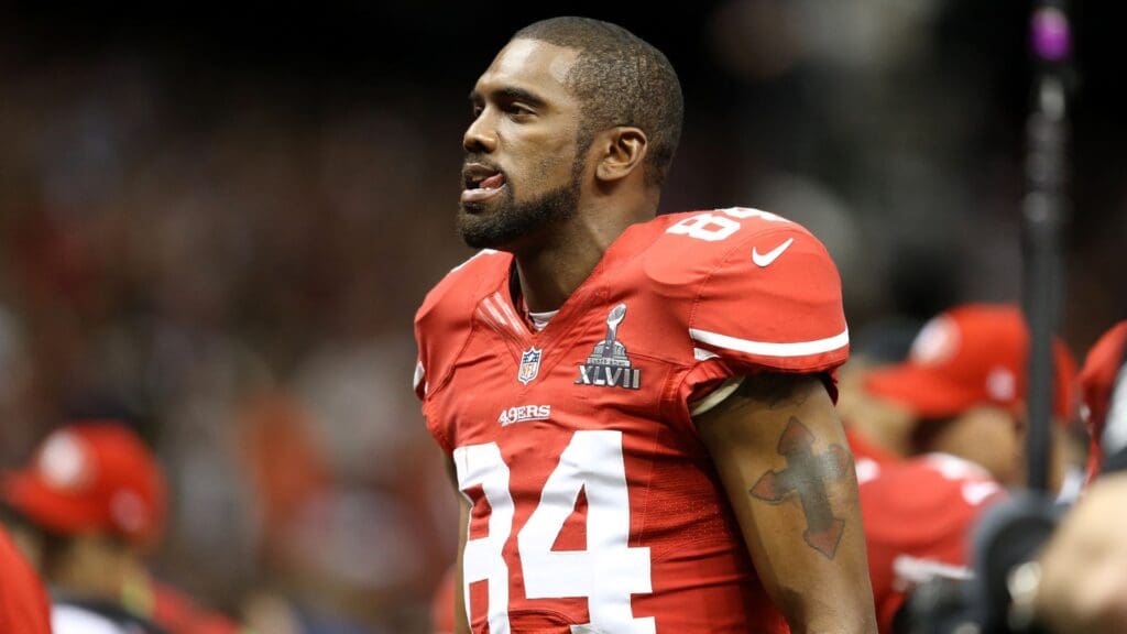 Feb 3, 2013; New Orleans, LA, USA; San Francisco 49ers wide receiver Randy Moss (84) reacts against the Baltimore Ravens in Super Bowl XLVII at the Mercedes-Benz Superdome.