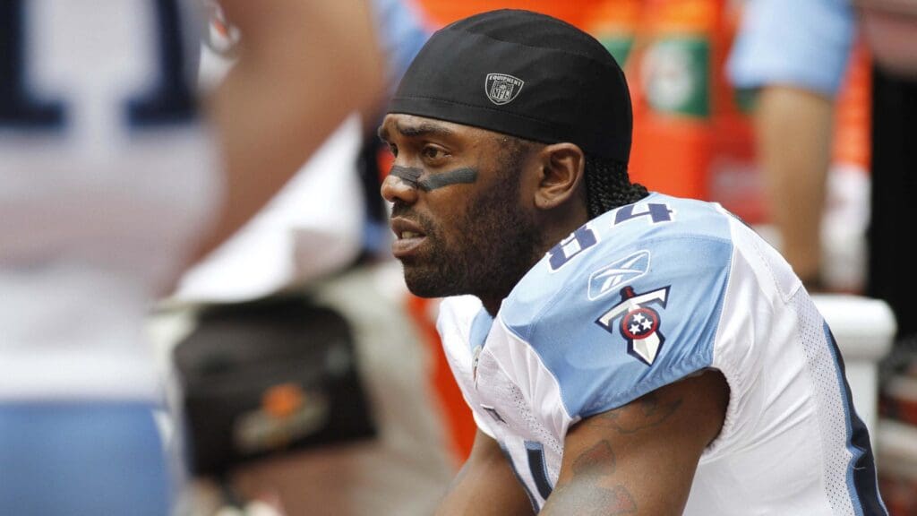 Nov 28, 2010; Houston, TX, USA; Tennessee Titans wide receiver Randy Moss (84) on the bench against the Houston Texans in the first quarter at Reliant Stadium.