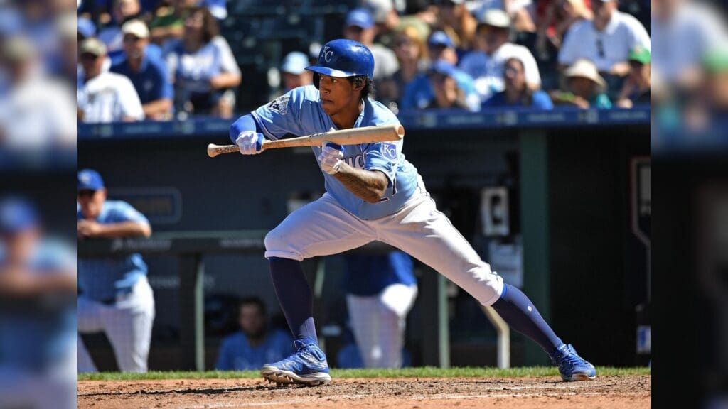 Aug 21, 2016; Kansas City, MO, USA; Kansas City Royals second basemen Raul Mondesi (27) at bat against the Minnesota Twins during the seventh inning at Kauffman Stadium.