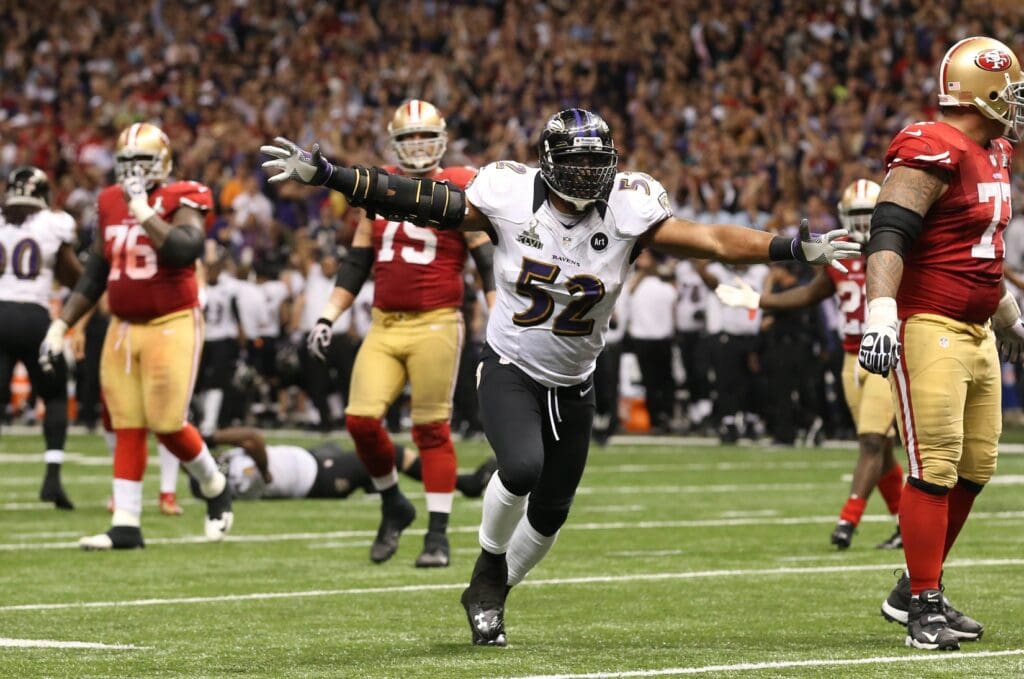 Feb 3, 2013; New Orleans, LA, USA; Baltimore Ravens inside linebacker Ray Lewis (52) reacts after a fourth down stop against the San Francisco 49ers in Super Bowl XLVII at the Mercedes-Benz Superdome. Mandatory Credit: Matthew Emmons-USA TODAY Sports