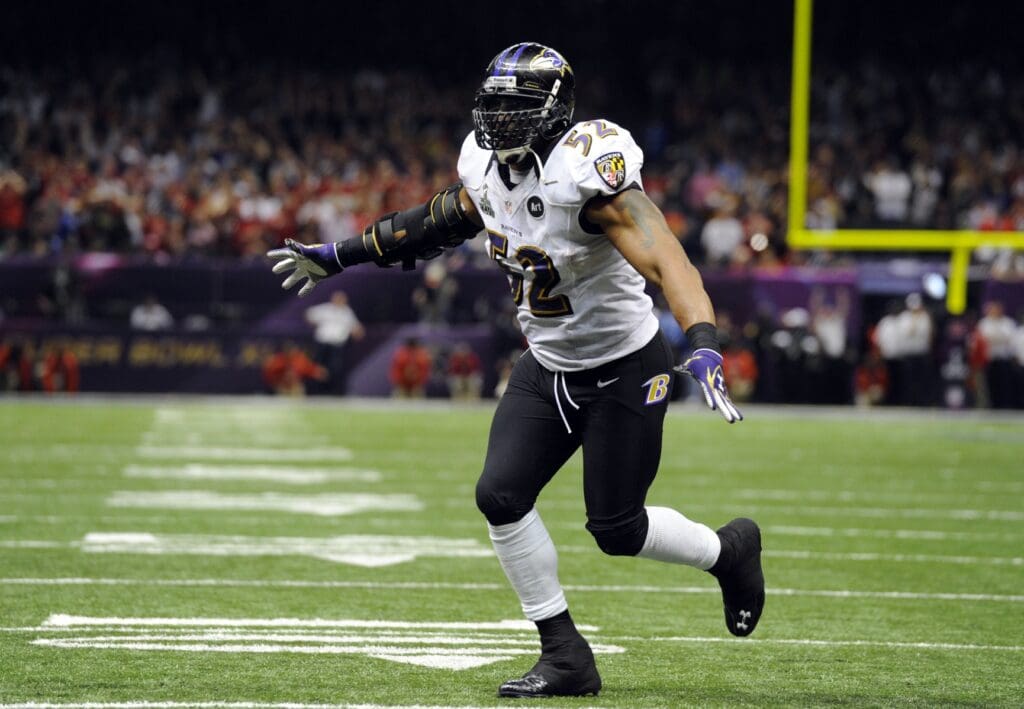 Feb 3, 2013; New Orleans, LA, USA; Baltimore Ravens inside linebacker Ray Lewis (52) celebrates after the San Francisco 49ers failed to convert on fourth down in the fourth quarter in Super Bowl XLVII at the Mercedes-Benz Superdome.
