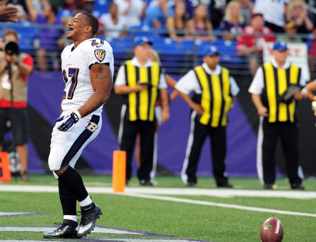 Aug 7, 2014; Baltimore, MD, USA; Baltimore Ravens running back Ray Rice (27) stands in the end zone after losing his helmet in the first quarter against the San Francisco 49ers at M&T Bank Stadium.