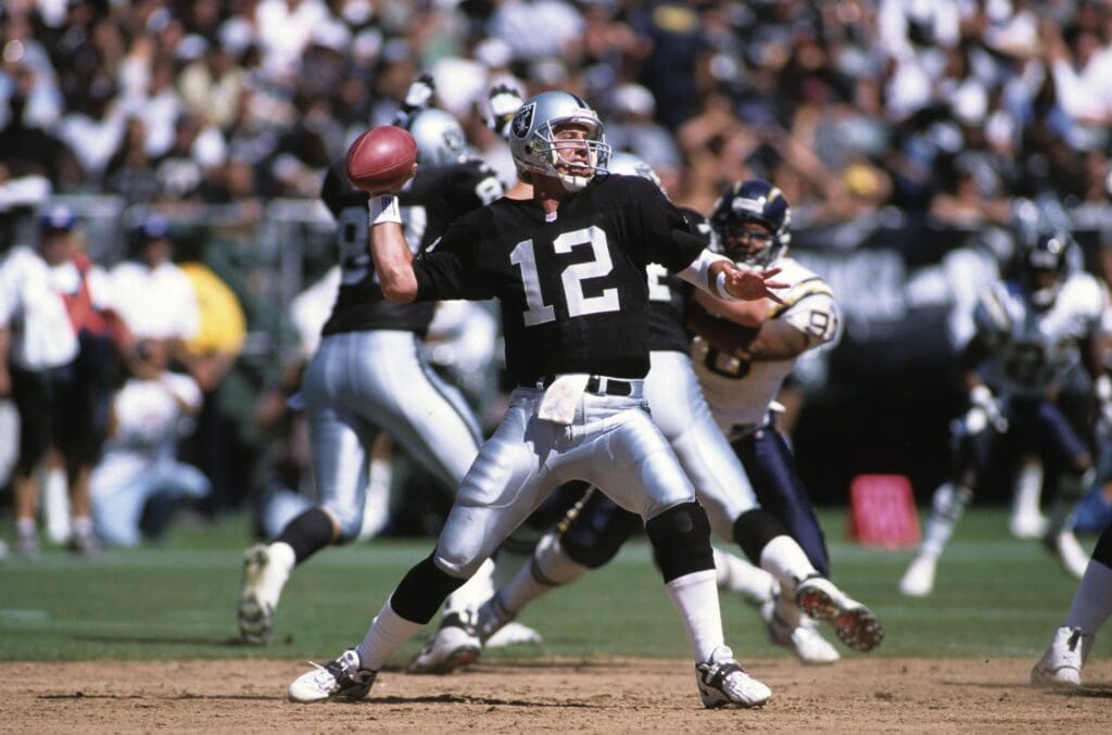 Sep 3, 2000; Oakland, CA, USA; FILE PHOTO; Oakland Raiders quarterback Rich Gannon (12) in action against the San Diego Chargers at Oakland-Alameda County Coliseum.