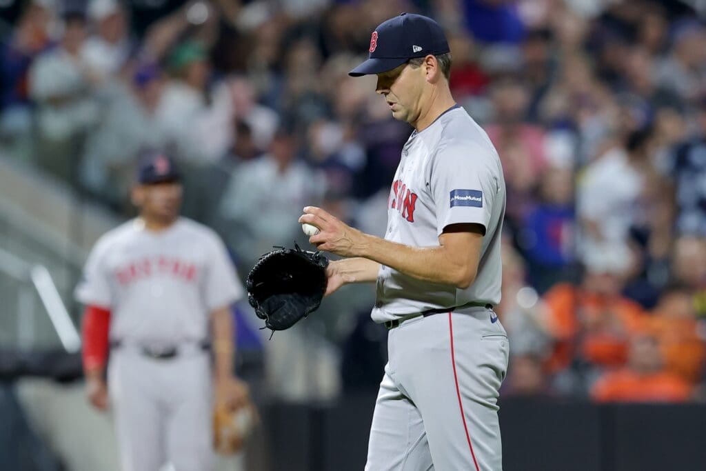 Sep 4, 2024; New York City, New York, USA; Boston Red Sox relief pitcher Rich Hill (44) reacts during the eighth inning against the New York Mets at Citi Field.
