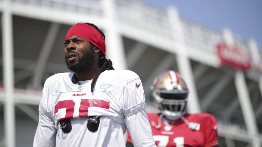Aug 30, 2020; Santa Clara, CA, USA; San Francisco 49ers cornerback Richard Sherman (25) walks to the field during training camp at SAP Performance Facility.