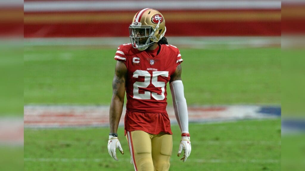 Dec 13, 2020; Glendale, Arizona, USA; San Francisco 49ers cornerback Richard Sherman (25) looks on against the Washington Football Team during the first half at State Farm Stadium.