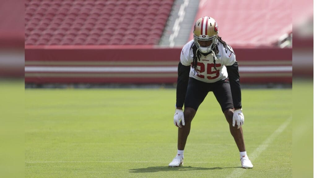 Sep 2, 2020; Santa Clara, CA, USA; San Francisco 49ers cornerback Richard Sherman (25) performs a drill during training camp at Levi s Stadium.