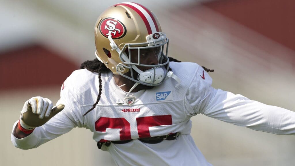 Aug 18, 2020; Santa Clara, CA, USA; San Francisco 49ers cornerback Richard Sherman (25) defends during training camp at SAP Performance Facility.