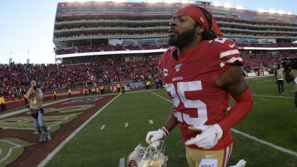 Jan 11, 2020; Santa Clara, California, USA; San Francisco 49ers cornerback Richard Sherman (25) celebrates the 27-10 victory against the Minnesota Vikings following the NFC Divisional Round playoff football game at Levi's Stadium.
