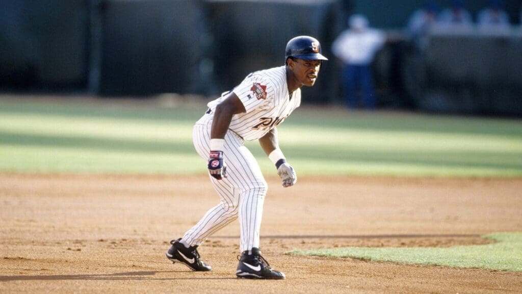 Aug 16, 1996; Monterrey, MEX; FILE PHOTO; San Diego Padres out fielder Rickey Henderson in action at Monterrey Stadium against the New York Mets during the 1996 La Primera Serie.