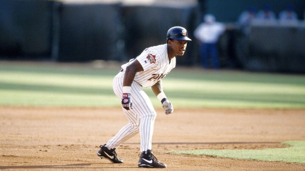 Aug 16, 1996; Monterrey, MEX; FILE PHOTO; San Diego Padres out fielder Rickey Henderson in action at Monterrey Stadium against the New York Mets during the 1996 La Primera Serie.