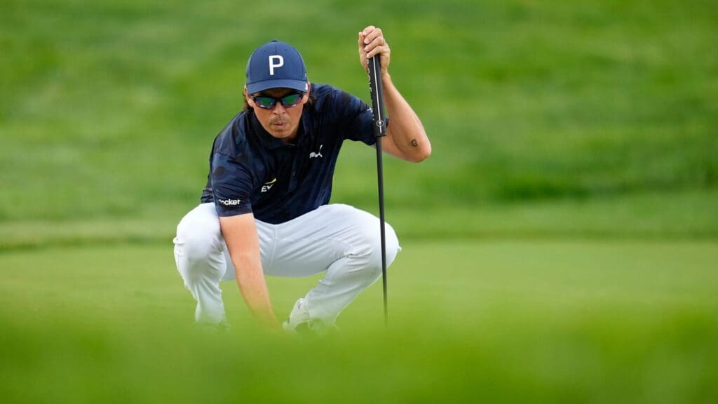 Rickie Fowler lines up a putt on 13 during the first round of the Memorial Tournament at Muirfield Village Golf Club in Dublin on May 29, 2025.