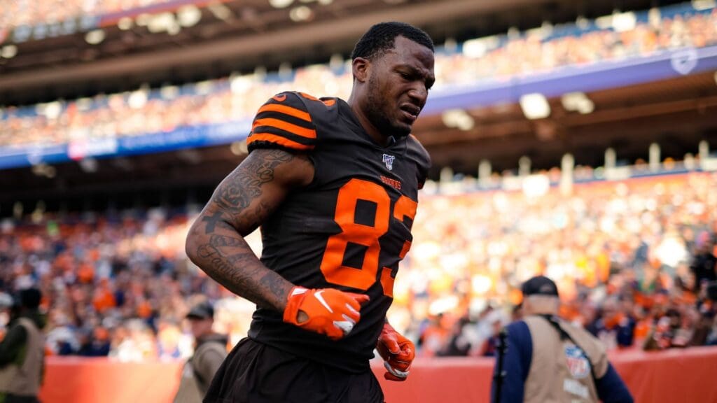 Nov 3, 2019; Denver, CO, USA; Cleveland Browns tight end Ricky Seals-Jones (83) in the second quarter against the Denver Broncos at Empower Field at Mile High.