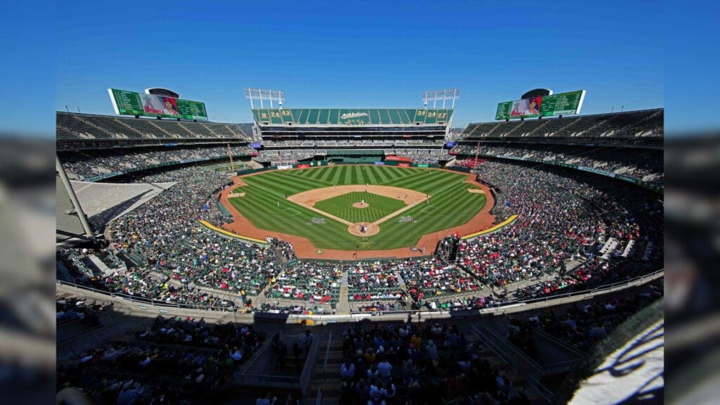 Apr 1, 2023; Oakland, California, USA; An overhead view of the stadium during the seventh inning between the Oakland Athletics and the Los Angeles Angels at RingCentral Coliseum.