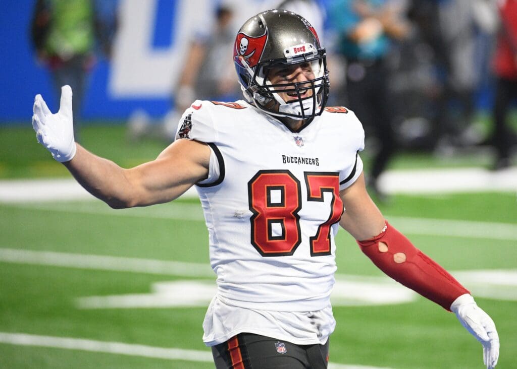 Dec 26, 2020; Detroit, Michigan, USA; Tampa Bay Buccaneers tight end Rob Gronkowski (87) celebrates after scoring a touchdown against the Detroit Lions during the third quarter at Ford Field.