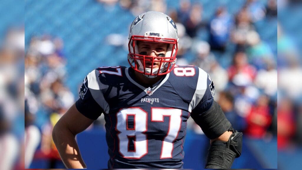 Sep 20, 2015; Orchard Park, NY, USA; New England Patriots tight end Rob Gronkowski (87) before a game against the Buffalo Bills at Ralph Wilson Stadium.