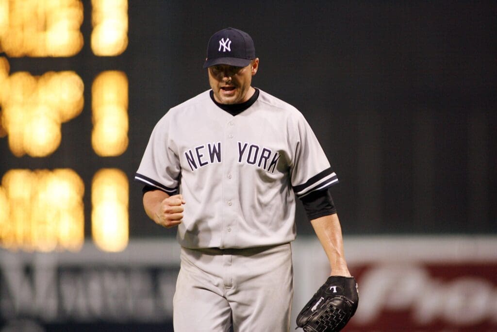 June 27, 2007; Baltimore, MD, USA; New York Yankees pitcher (22) Roger Clemens reacts to getting out of a jam in the fifth innings against the Baltimore Orioles at Camden Yards. Clemens gave up 4 runs in 6 innings pitched.