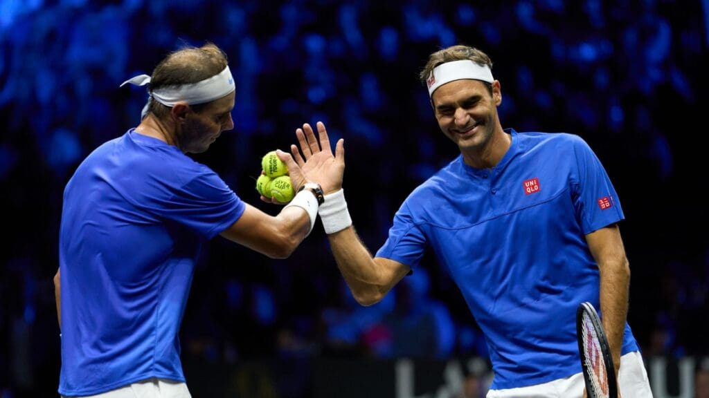 Sep 23, 2022; London, United Kingdom; Roger Federer (SUI) playing doubles with Rafael Nadal (ESP) against partners Jack Sock (USA) and Frances Tiafoe in his Laver Cup Tennis match.