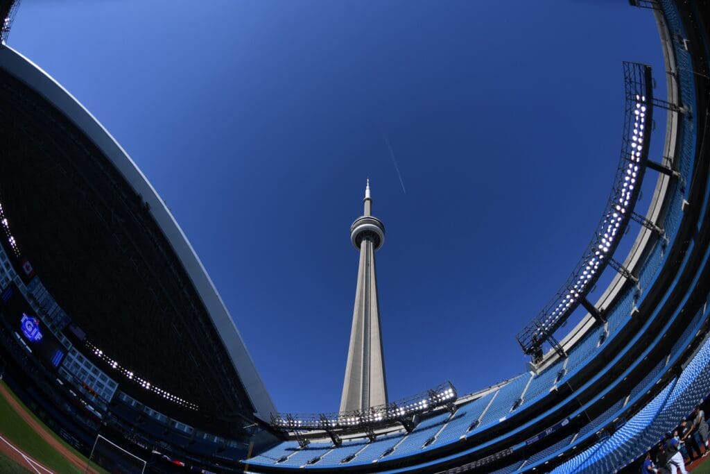 Jun 7, 2019; Toronto, Ontario, CAN; Stadium view of the Rogers Centre with the roof open prior to the regular season MLB game between the Arizona Diamondbacks and Toronto Blue Jays at Rogers Centre
