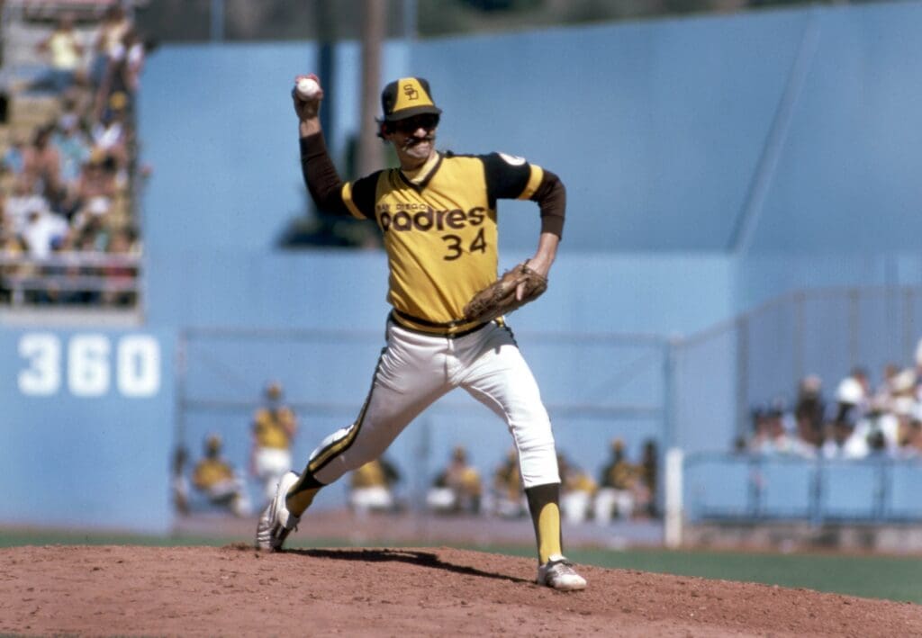 Oct 1978; Los Angeles, CA, USA: FILE PHOTO; San Diego Padres pitcher Rollie Fingers (34) pitches against the Los Angeles Dodgers at Dodger Stadium. Mandatory Credit: Darryl Norenberg-USA TODAY Sports