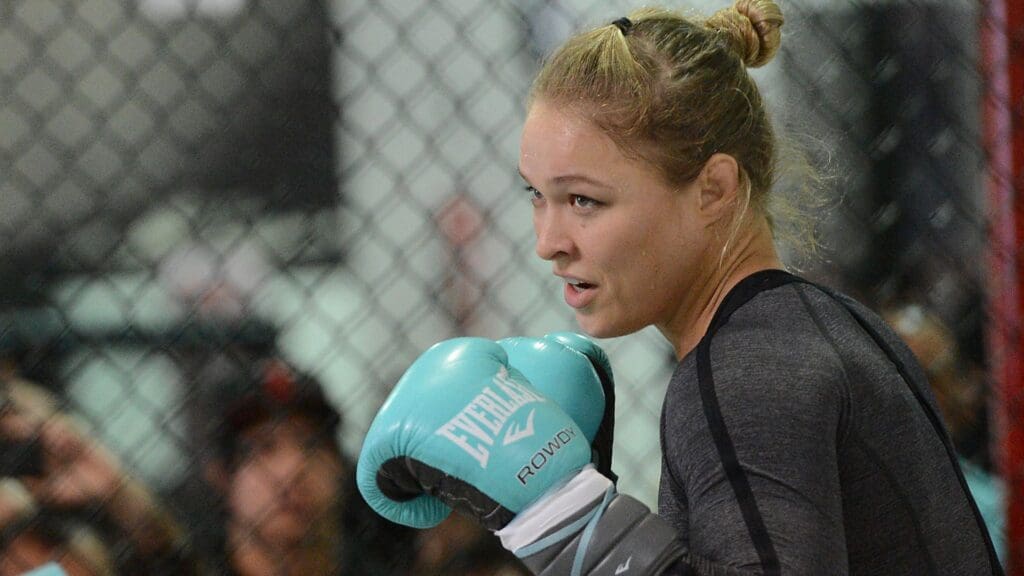 Feb 20, 2013; Torrance, CA, USA; Ronda Rousey during today's public workout at the UFC gym in Torrance, CA. Rousey has a bout with Liz Carmouche on Feb 23 in Anaheim, CA.