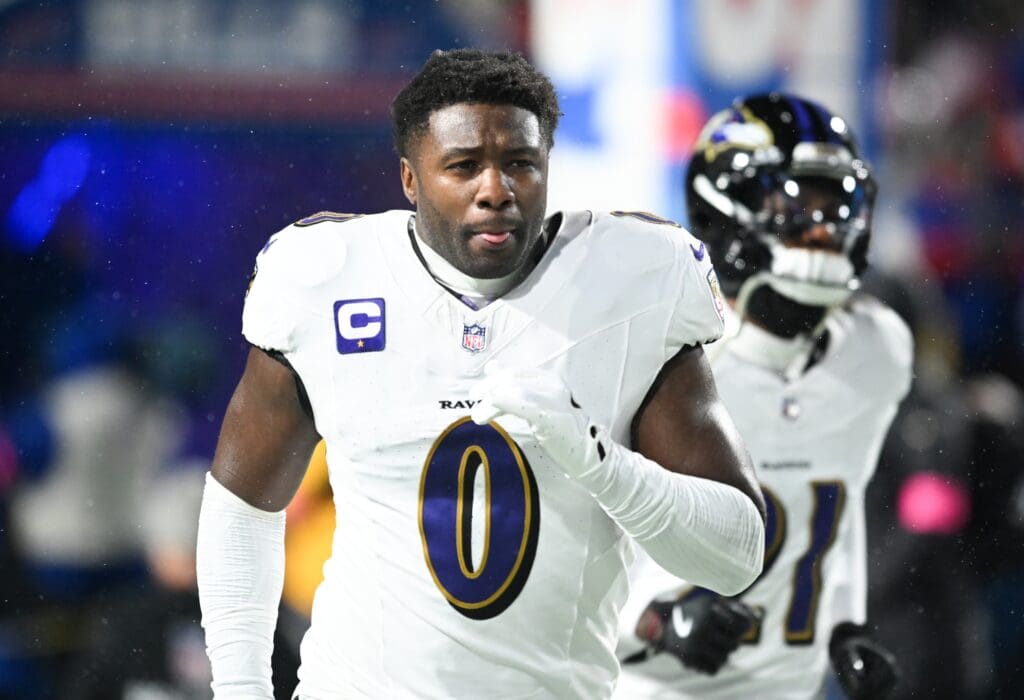 Jan 19, 2025; Orchard Park, New York, USA; Baltimore Ravens linebacker Roquan Smith (0) takes the field before the game against the Buffalo Bills in a 2025 AFC divisional round game at Highmark Stadium. Mandatory Credit: Mark Konezny-Imagn Images