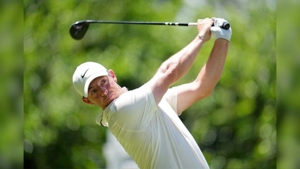 May 18, 2025; Charlotte, North Carolina, USA; Rory McIlroy tees off on the 14th hole during the final round of the PGA Championship golf tournament at Quail Hollow.