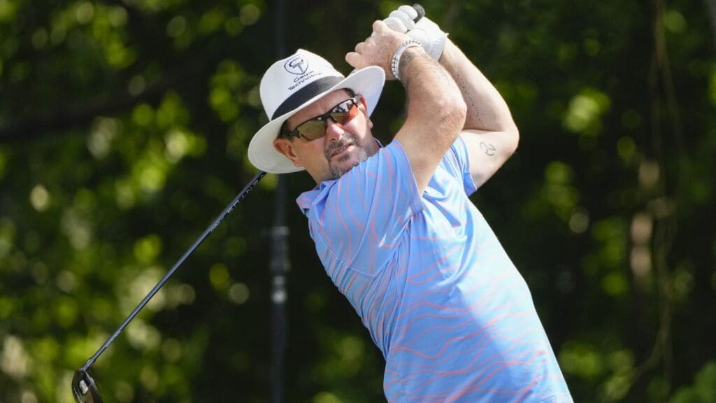 May 26, 2023; Fort Worth, Texas, USA; Rory Sabbatini plays his shot from the sixth tee during the second round of the Charles Schwab Challenge golf tournament.