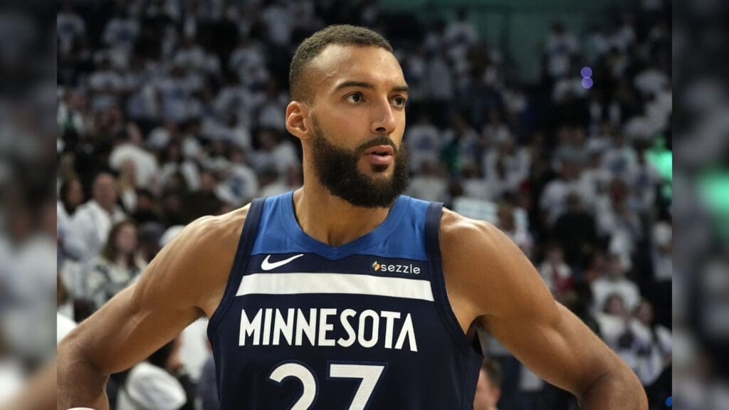 May 24, 2025; Minneapolis, Minnesota, USA; Minnesota Timberwolves center Rudy Gobert (27) reacts after the game against the Oklahoma City Thunder in game three of the western conference finals for the 2025 NBA Playoffs at Target Center.