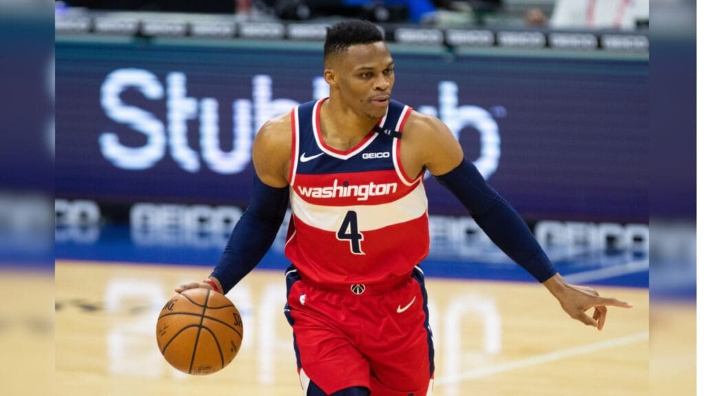 Jan 6, 2021; Philadelphia, Pennsylvania, USA; Washington Wizards guard Russell Westbrook (4) dribbles the ball against the Philadelphia 76ers during the first quarter at Wells Fargo Center.