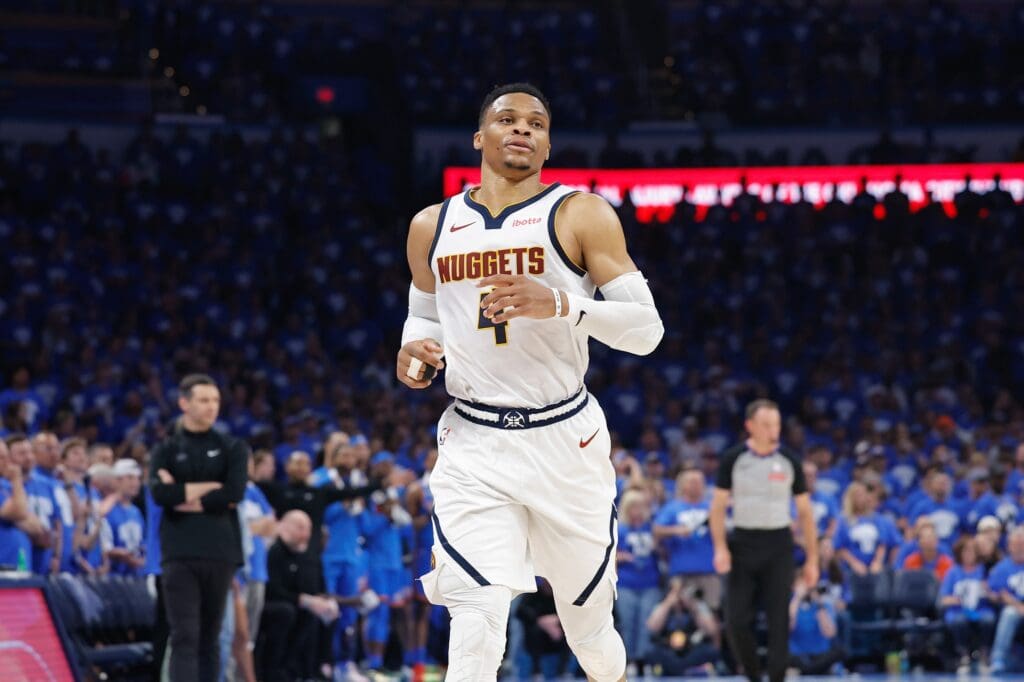 May 18, 2025; Oklahoma City, Oklahoma, USA; Denver Nuggets guard Russell Westbrook (4) runs down the court against the Oklahoma City Thunder in the second quarter during game seven of the second round for the 2025 NBA Playoffs at Paycom Center.